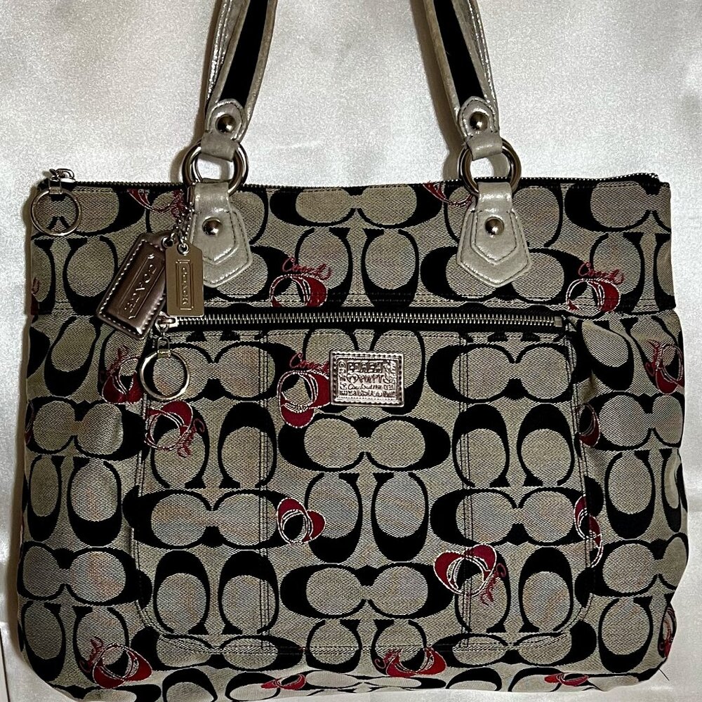 COACH Poppy Signature (Large) Signature Glam Tote w/Red Hearts